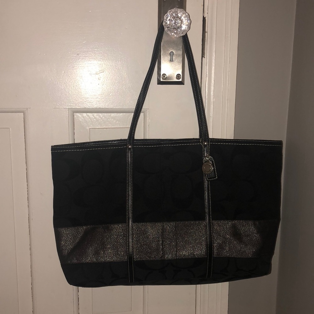 Coach Signature Black Metallic Stripe Large Tote
